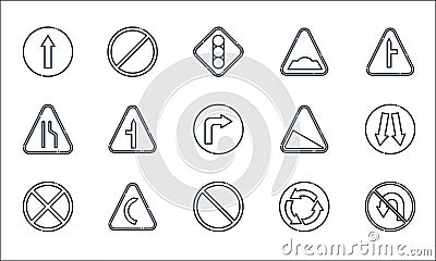 signaling line icons. linear set. quality vector line set such as no turn, no waiting, no stopping, roundabout, right bend, narrow Vector Illustration
