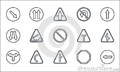signaling line icons. linear set. quality vector line set such as turn left, intersection, direction, stop, right bend, traffic, t Vector Illustration
