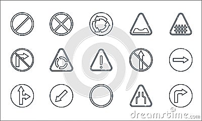 signaling line icons. linear set. quality vector line set such as turn right, road closed, go straight or right, narrow, keep left Vector Illustration