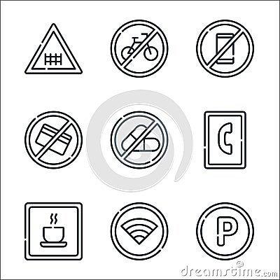 signals and prohibitions line icons. linear set. quality vector line set such as parking, wifi, rest area, emergency call, no Vector Illustration