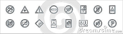 signals and prohibitions line icons. linear set. quality vector line set such as parking, toilet, attention, no photo, no drinking Vector Illustration