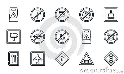signals and prohibitions line icons. linear set. quality vector line set such as traffic light, ahead only, rest area, railway, Vector Illustration