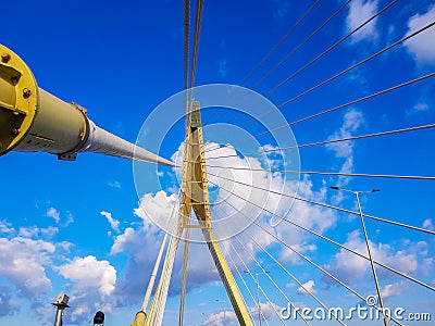 Signature Bridge is a cantilever spar cable-stayed bridge which spans the Yamuna river at Wazirabad section, connecting Wazirabad Stock Photo