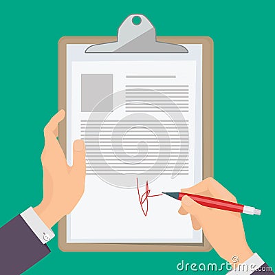 Signature documents. Business person hand holding pen and writing documents on paper vector illustration concept Vector Illustration