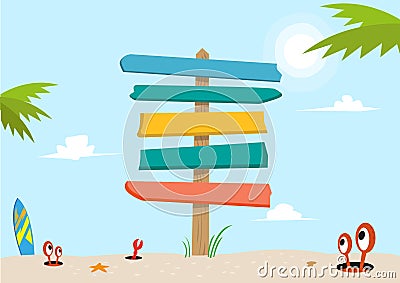 Signboard on a beach concept. Editable Clip Art. Vector Illustration