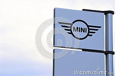 Signboard of the English car company ` Mini ` Editorial Stock Photo