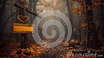 Signboard at the enty of dark fairytale village in Halloween style. Generated AI. Stock Photo