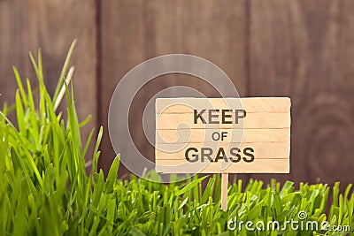 Signboard on keep of Grass background of wood planks, Stock Photo