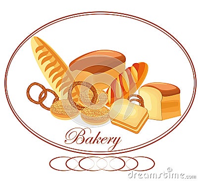 Signboard, logo for the bakery. Composition from bakery products. Vector Illustration