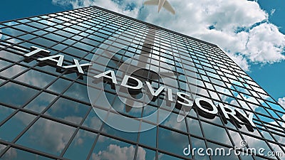 TAX ADVISORY signboard on a modern skyscraper reflecting flying airplane. 3D rendering Stock Photo