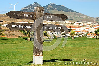 Signboard in Porto Santo golf course. Porto Santo island, Madeira. Portugal Editorial Stock Photo