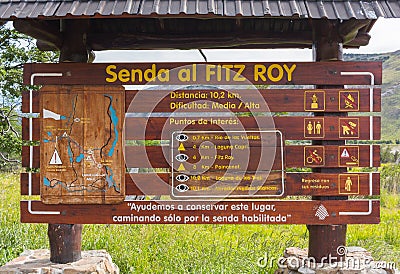 Signboard to indicate direction and information about the trekking paths in National Park Los Glaciares, Patagonia. Editorial Stock Photo