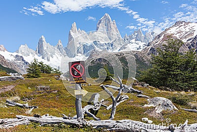 Signboard to indicate direction and information about the trekking paths in National Park Los Glaciares, Patagonia. Editorial Stock Photo