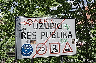 Signboard of the Uzupio Res publica in Vilnus, Lithuania Editorial Stock Photo