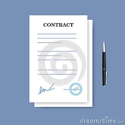 Signed paper deal contract icon. Agreement and pen isolated on the blue background. Vector Illustration