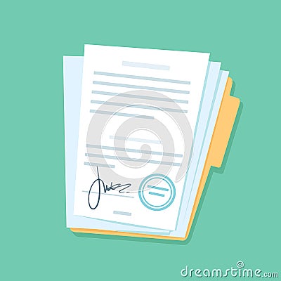 Signed paper documents. Manual signature on important office papers, stamped documentation files in files folder vector Vector Illustration