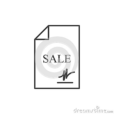 Signed sales document icon. A simple line drawing of a piece of paper, text and a signature. Isolated vector on white Vector Illustration