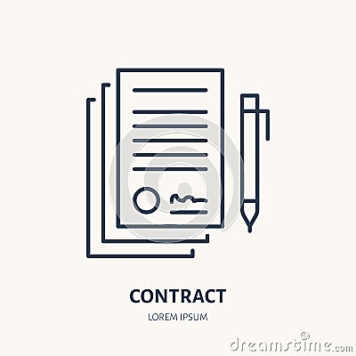 Signing agreement, contract vector flat line icon. Legal document sign Vector Illustration