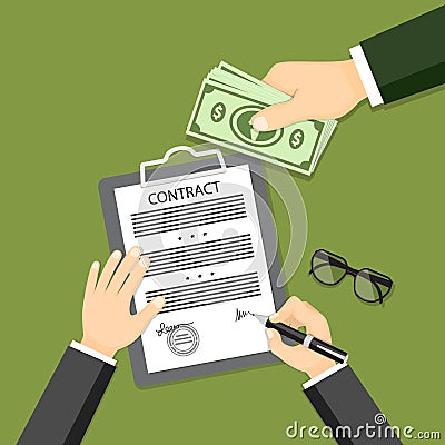Signing contract with glasses and hand giving banknotes Vector Illustration
