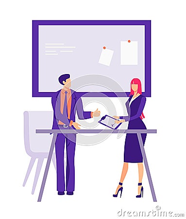 Signing a contract in the office illustration. Male and female characters businessmen conclude cooperation agreement. Vector Illustration