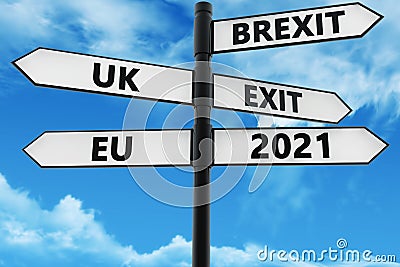 Signpost with Brexit,UK,EU,and Exit concept in black color on white Cartoon Illustration