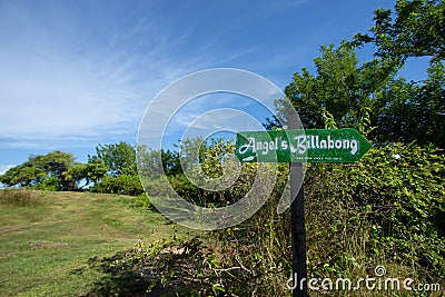 A signpost / direction installed in a stick for traveler to Angel`s Billaboong, Nusa Penida, Bali Stock Photo