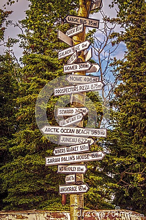 Signpost in Healy Alaska with distances to Magic Bus Nome Seward Sarah Palins House Anchorage and more- Evergreen trees in Stock Photo