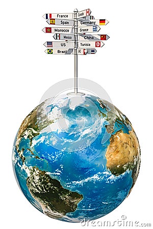 Signpost with names of countries with Earth Globe, 3D rendering Stock Photo