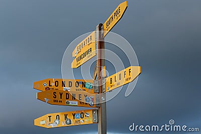 Signpost pointing way and distances to major world cities. Editorial Stock Photo