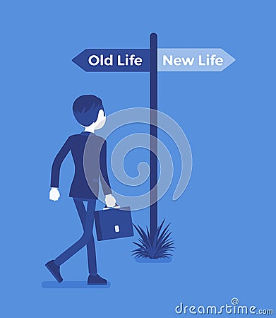 Signpost pole to direct man, old and new life choice Vector Illustration