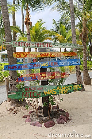 Signpost at Rum Point indicating major Hurricanes effecting Caribbeans and Cayman Islands Stock Photo