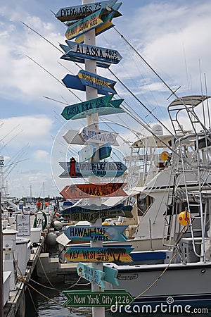 Signpost at The Sailfish Marina Resort in West Palm Beach, Florida Editorial Stock Photo