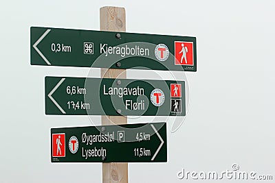 Signpost showing direction to Kjeragbolten, Norway Editorial Stock Photo