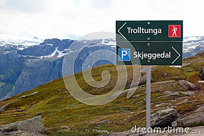 Signpost showing direction to Trolltunga, Norway Editorial Stock Photo