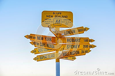 Signpost in the Stirling Point, Bluff, New Zealand Stock Photo