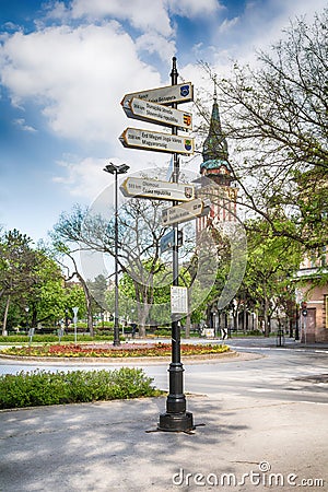 Signpost in the Subotica city, Serbia Editorial Stock Photo