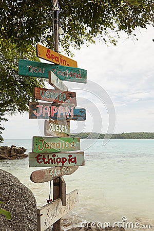 Signpost on summer tropic beach Stock Photo