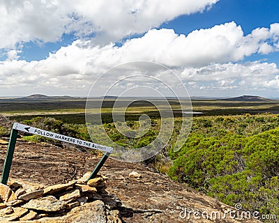 Signpost to follow markers at the Frenchman Peak trail, Le Grand in Western Australia Stock Photo
