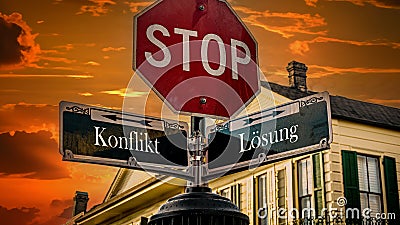 Signposts the direct way to conflict versus resolution Stock Photo