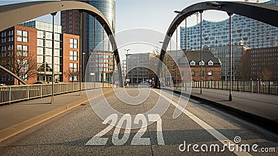 Signposts the direct way to 2027 Stock Photo