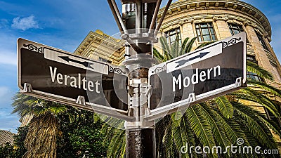 Signposts the direct way to Modern versus outdated Stock Photo