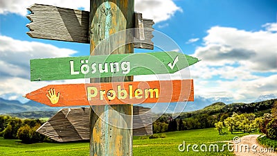 Signposts the direct way to solution versus to problem Stock Photo
