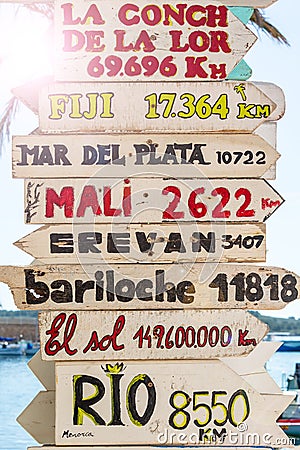 Signposts with directions to different places of the world Stock Photo