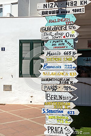 Signposts with directions to different places of the world Stock Photo