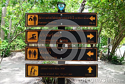 Signposts pointing to various points of the Than Bok Khorani National Park hong island Editorial Stock Photo