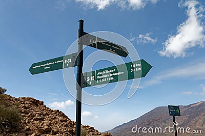 Signposts with trail directions in Teide National Park Editorial Stock Photo