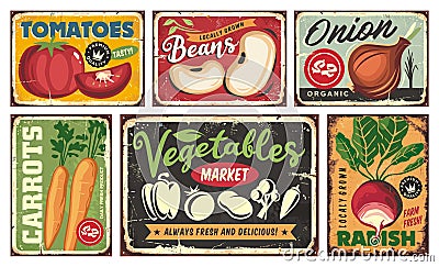 Signs and advertisement collection with farm fresh organic vegetables Vector Illustration