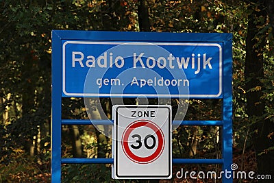 Signs and buildings of former broadcast tower in the netherlands named Radio Kootwijk where short and longwave broadcasting were d Editorial Stock Photo