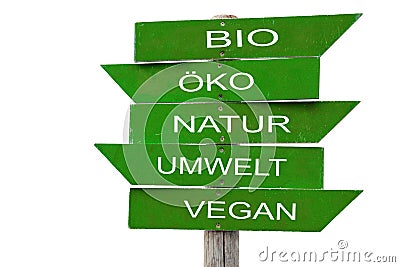 Signs with green boards and white inscription Bio, Eco, Nature, Environment, Vegan Stock Photo