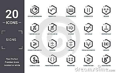 signs icon set. include creative elements as pie chart information on money, because, not similar, less plus, parentheses grouping Vector Illustration